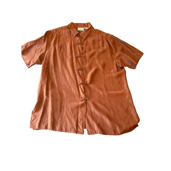 Vintage 80s Venezia Vitale 100% Silk  Rust Short Sleeve Button-Up Shirt Sz 14/16 - Picture 1 of 5